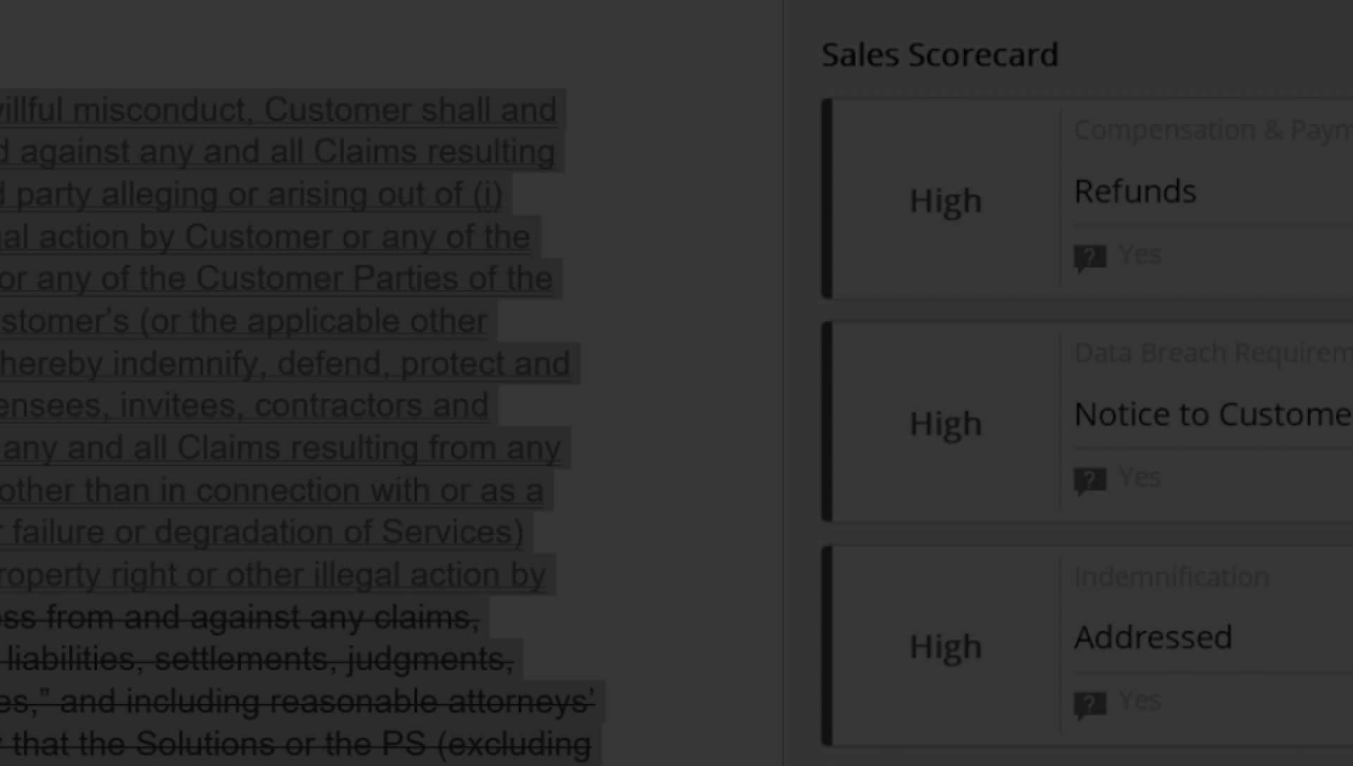 A sales scorecard being displayed while performing contract analytics with DocuSign Analyzer.