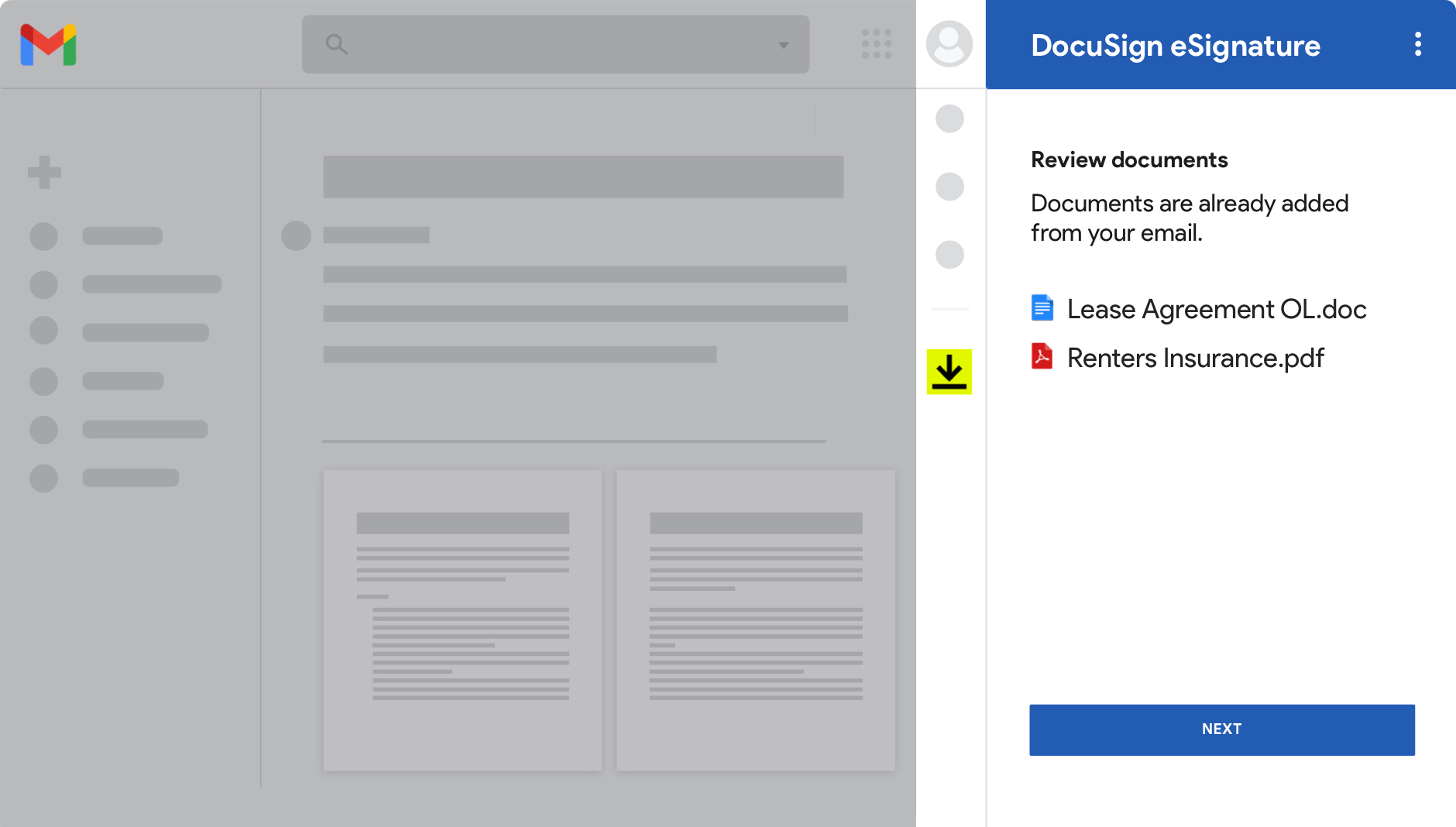 Gmail screenshot showing documents ready for review in DocuSign eSignature.
