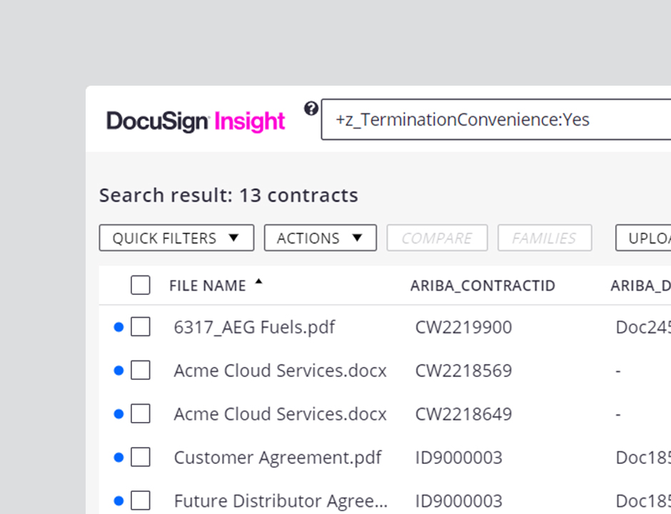 DocuSign Insight Connector for SAP Ariba screenshot showing search and column headers.