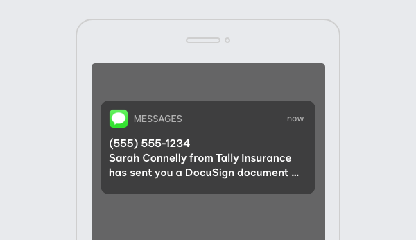 A mobile with a text notification from DocuSign eSignature SMS Delivery.