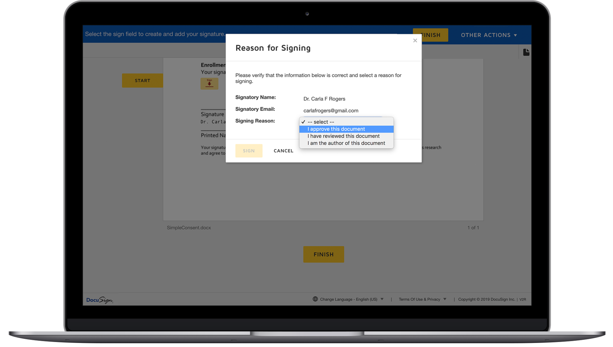 The DocuSign signing interface showing a dropdown for why a signer is signing the document.